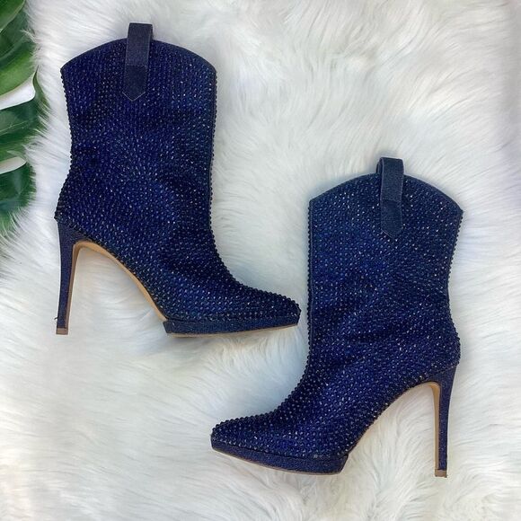 Jessica Simpson Vianne Stiletto Crystal Embellishment Ankle Booties Navy 7 - Picture 2 of 8